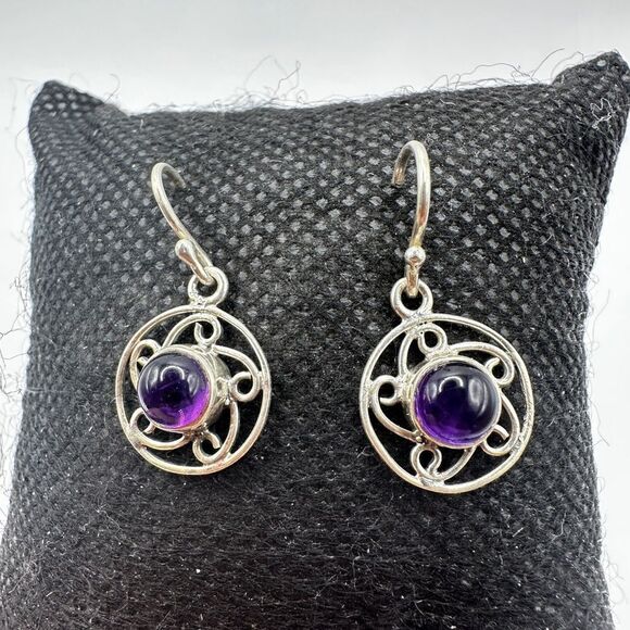 5mm amethyst cabochon dangle earrings in stamped sterling silver! - Picture 7 of 15